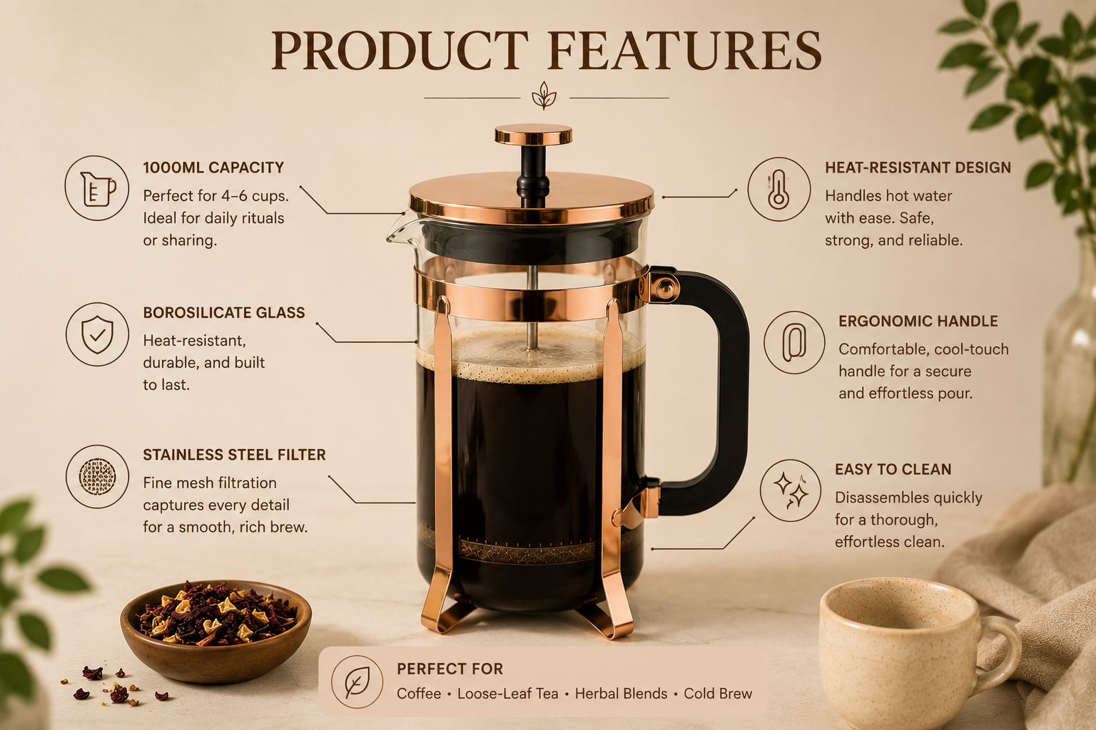 Rose Gold Stainless Steel Tea Press